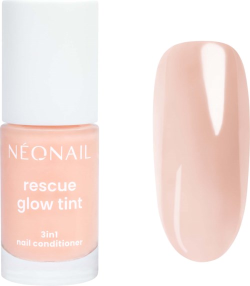 A bottle of Neonail rescue glow tint nail polish with a swatch showing light pink color.