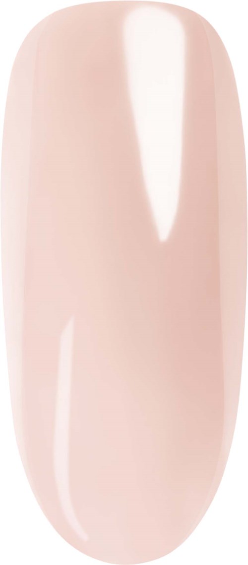 A soft pink nail polish swatch on a artificial nail. The nail has a glossy finish and an oval shape.