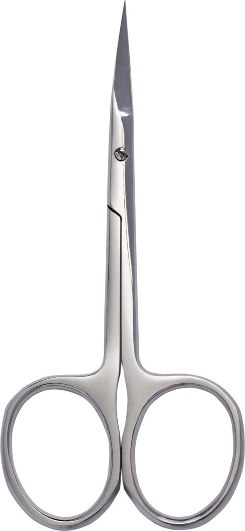 A small, sharp surgical scissors with a metal finish and rounded handles.