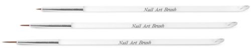 Three white nail art brushes with fine tips, labeled as Nail Art Brush, lying parallel on a black background.