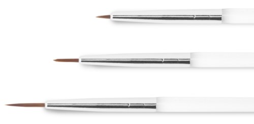 Three thin brushes with brown tips are lined up horizontally on a white background.