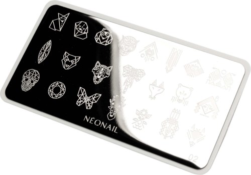 Black and white nail art stamping plate with geometric butterfly, owl, and leaf designs, and more patterns.