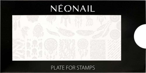 En svartvit låda med varumärket NEONAIL, visar en stämpelplatta med olika nageldesigner.