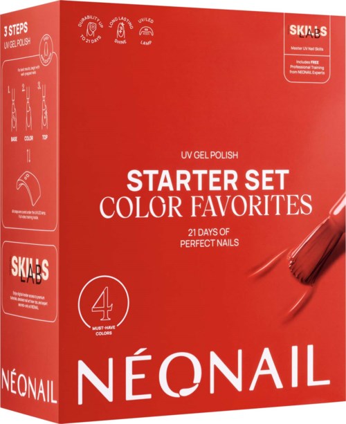 Red packaging box with white text for UV gel polish starter set and brand logo NeOnail. Shows instructions and product details.