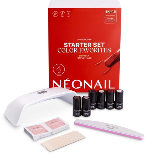 Neonail UV-gelilakka-aloitussarja sisältää neljä lakkaa, UV-valon ja viilaat.