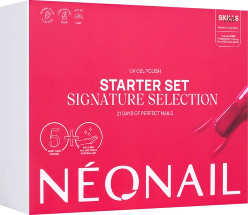 Pink box of UV gel nail polish starter set with model nails and logo.