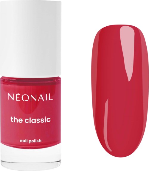 Neonail the classic röda nagellackflaskan och en nagellacksprov på samma färg.
