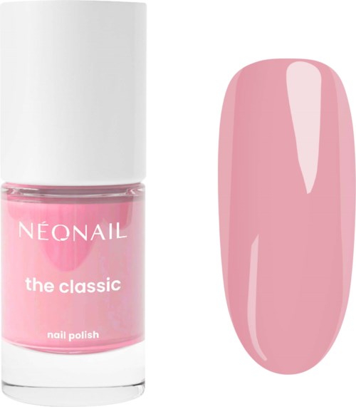 Ljus rosa nagellack i flaska med vit lock och prov på samma färg.
