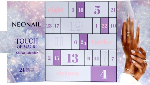 Neonail Touch of Magic adventskalender med nummererade luckor och en hand med ringar till höger.