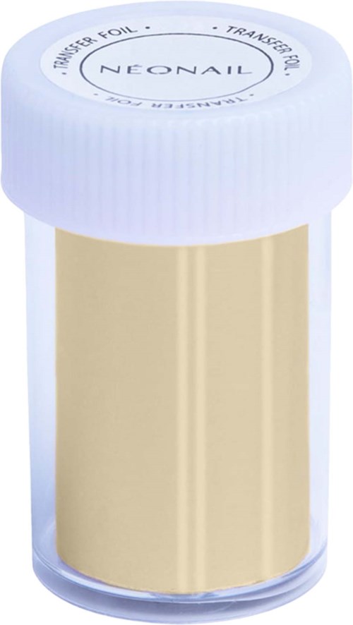 A small, clear container with a white lid labeled 'Neonail' and gold colored foil inside.