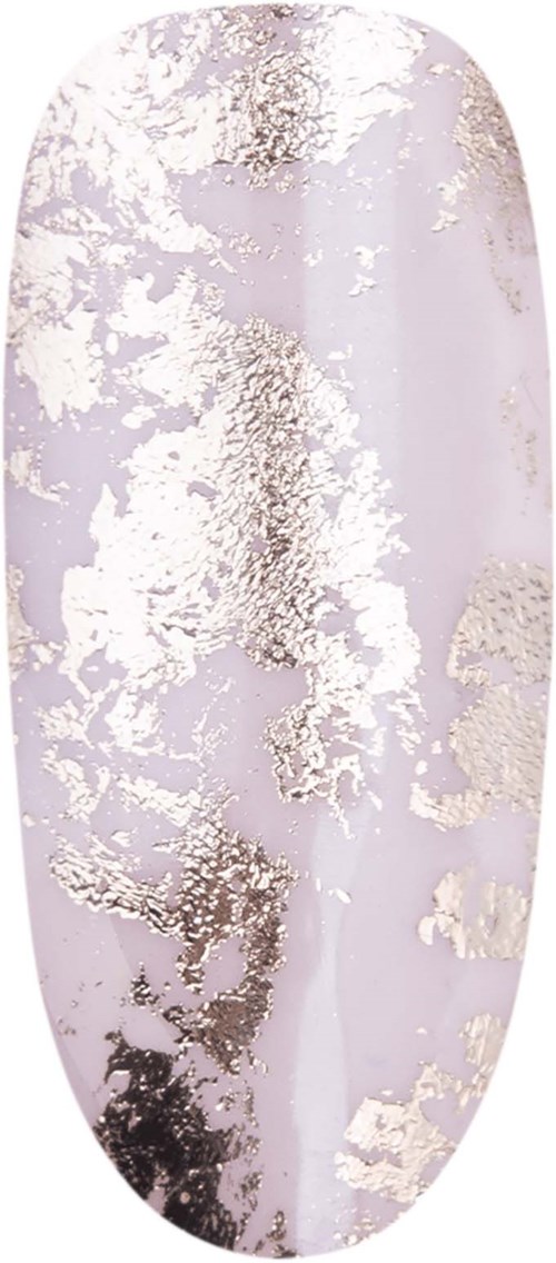 A long, oval-shaped nail with white and gold marble-like design and shiny finish.
