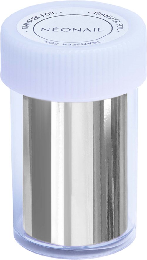 A small container with a white lid labeled "NEONAIL" and shiny silver nails inside.