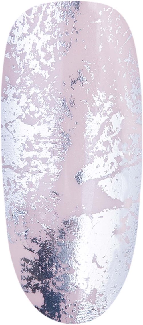 A nail with a shiny, silver, and pink design. It has a textured, glittery surface with a smooth shape.