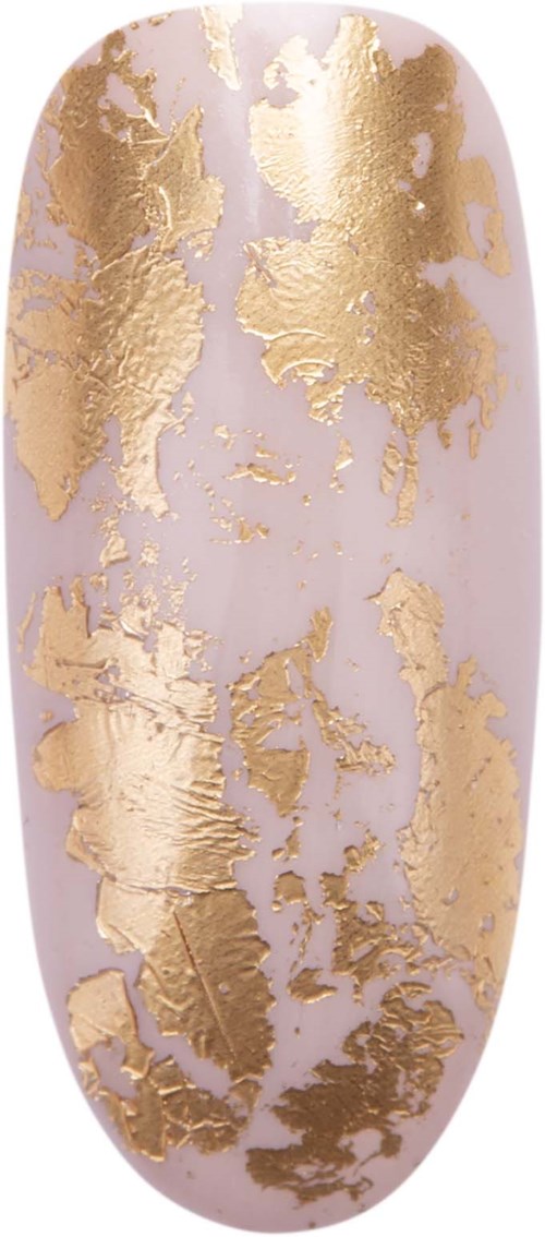 A nail with white base and gold foil design covering most of the surface.
