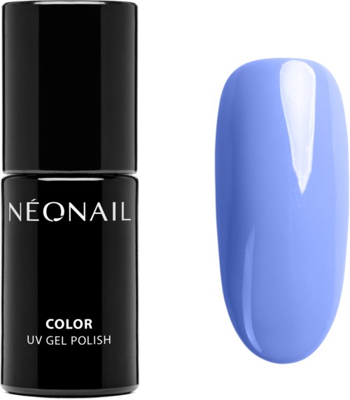 A black bottle of neon nail gel polish next to a light blue painted artificial nail. Clear design with brand name visible.