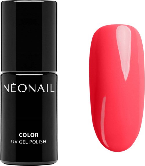 A black bottle of NeoNail UV gel polish next to a painted pink nail sample.