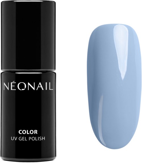 A black nail polish bottle labeled 'NEONAIL' with a light blue nail painted next to it.