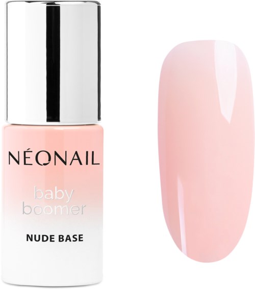A bottle of nail polish labeled "Neonail baby boomer nude base" with a pink-colored nail sample next to it.