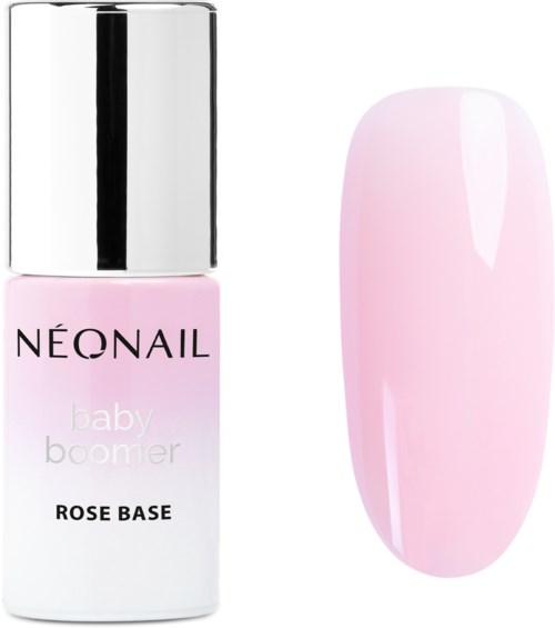 A pink nail polish bottle labeled 'NeoNail baby boomer rose base' next to a painted false nail.