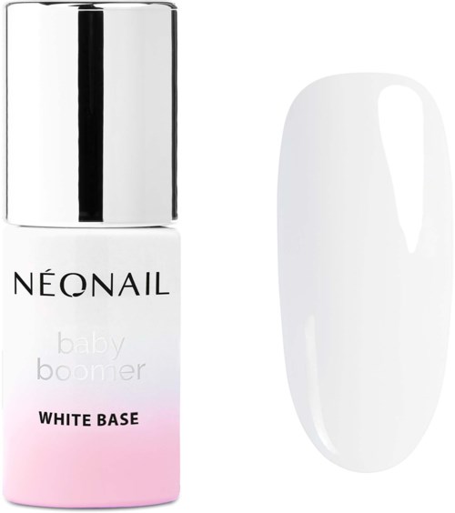 Néonail baby boomer white base nagellackflaska och en provbit av lacket. Flaskan är vit med silver- och svarta detaljer.