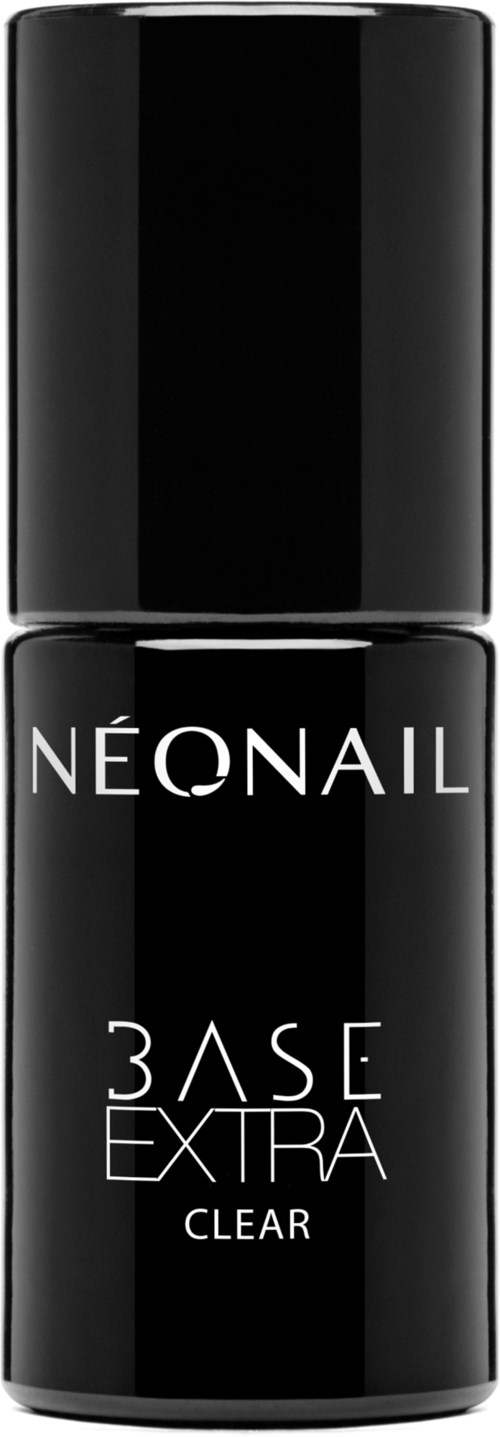 Czarna butelka z białym tekstem, oznaczona 'NEONAIL BASE EXTRA CLEAR'.