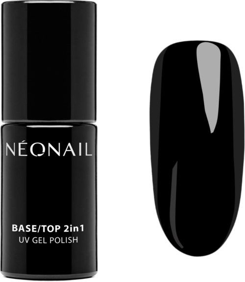 Mustaväriinen pullo, jonka päällä lukee 'NEONAIL', ja erillinen musta kynsipala, mainostaa UV-gelilakkaa.