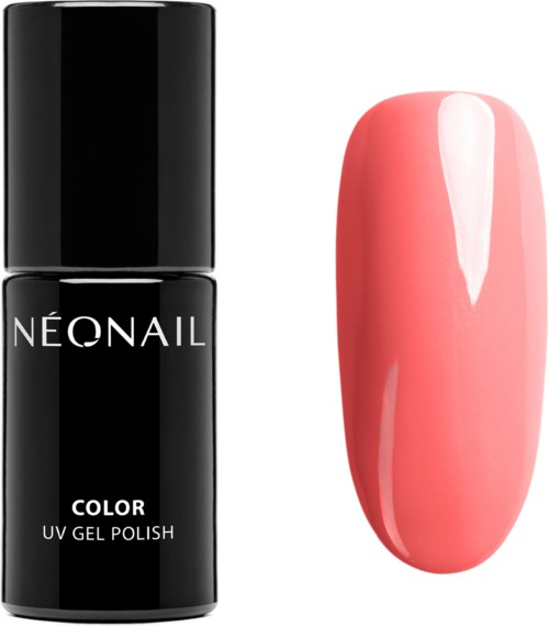 A black bottle of neon gel polish and a polished pink nail with a smooth, shiny surface.
