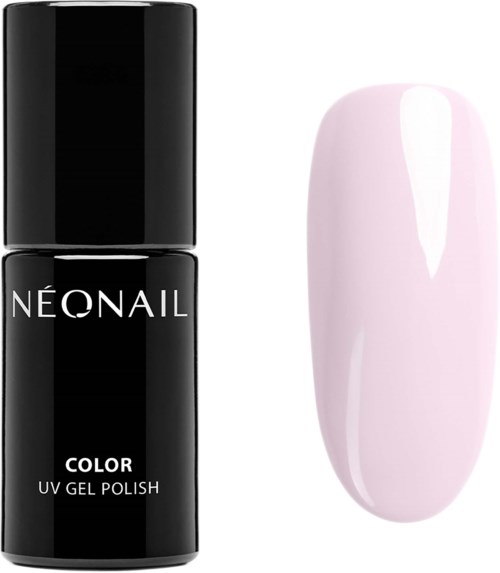 En svart nagellackflaska märkt 'NEONAIL COLOR UV GEL POLISH' och en ljus rosa målad nagel.