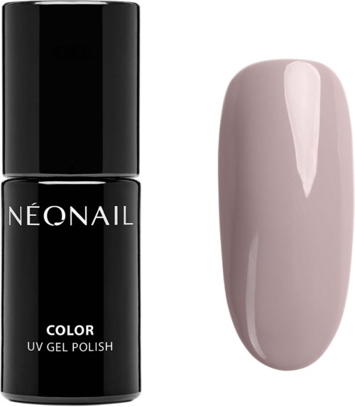 En svart flaska med NÉONAIL UV-gelnagellack bredvid en rosa målade nagel.