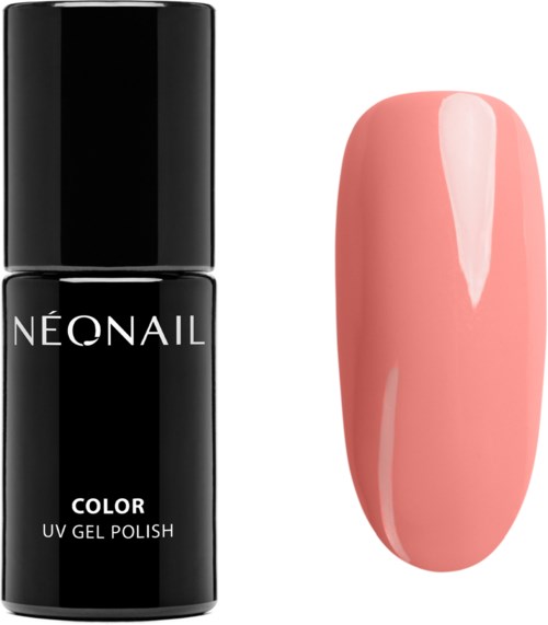 A black bottle labeled NEONAIL with pink nail polish sample next to it.