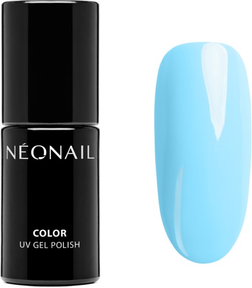 A bottle of Neonail color UV gel polish and a painted fingernail in light blue with a shiny finish.