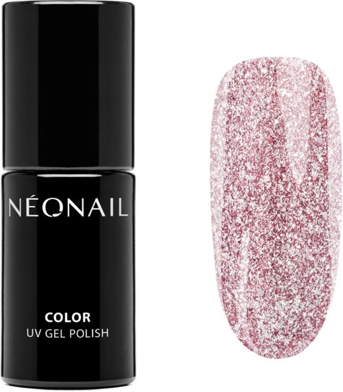 A black bottle of NeonaIl color UV gel polish next to a pink glittery nail sample.