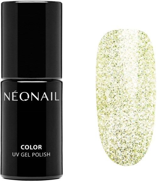 En svart nagellackflaska märkt 'NEONAIL' med en glittergult-grön nagellacksprov.