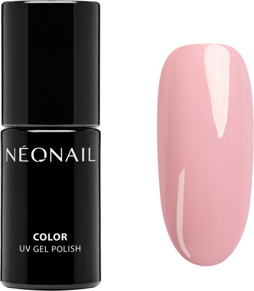 Black bottle of nail polish labeled 'NEONAIL COLOR UV GEL POLISH' and a pink painted nail.