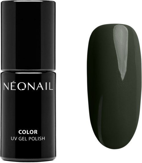 A black bottle of NEONAIL color UV gel polish and a painted nail showing the dark green shade.