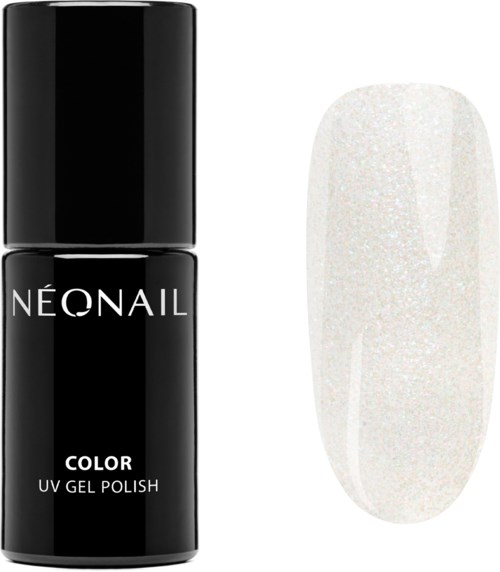 Black bottle labeled 'Neonail Color UV Gel Polish' next to a white, glittery nail with polished finish.