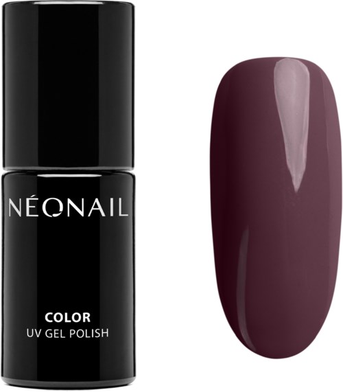 A black nail polish bottle labeled 'Neonail' next to a painted fingernail showing deep purple color.