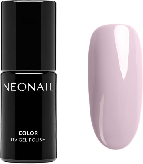 En svart flaska märkt 'NEONAIL COLOR UV GEL POLISH' och en ljusrosa, glansig, konstgjord nagel.