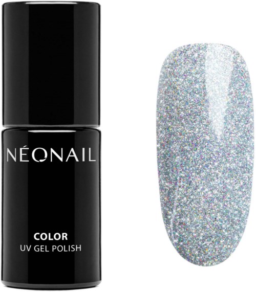 En flaska svart nagellack märkt NEONAIL och en nagel målad med glittrig, silver glitter lack.