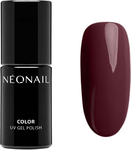 En svart nagellackflaska märkt 'NEONAIL' bredvid en glänsande vinröd nagel.
