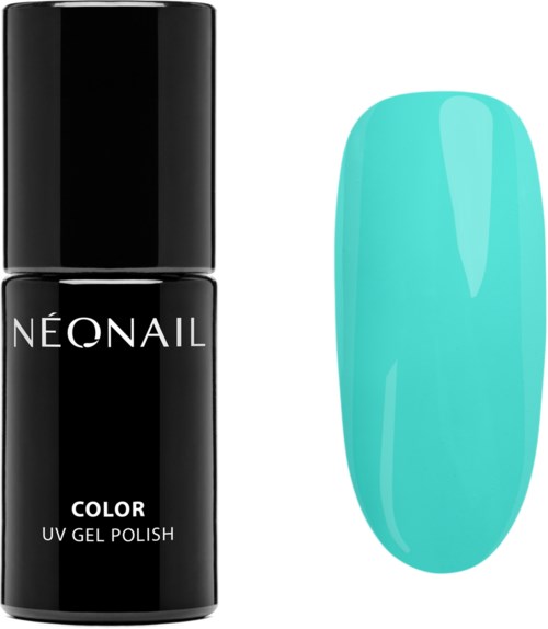 Black and teal nail polish bottles with one swatched color on a finger. The brand is Neonaile.