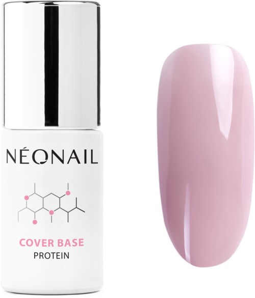 A bottle of nail cover base with pink polish on a nail sample. The bottle is white with a silver cap.