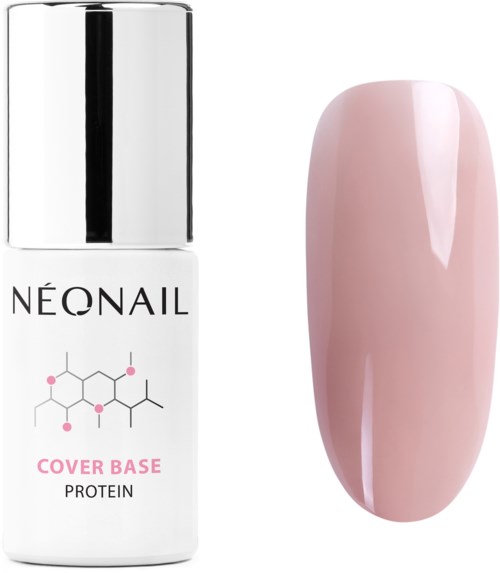 A pink nail polish bottle labeled 'Neonail Cover Base Protein' beside a painted nail.