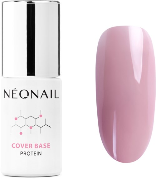 A pink nail polish swatch next to a bottle of NeoNail Cover Base Protein. The bottle is white with black and pink text and a logo.