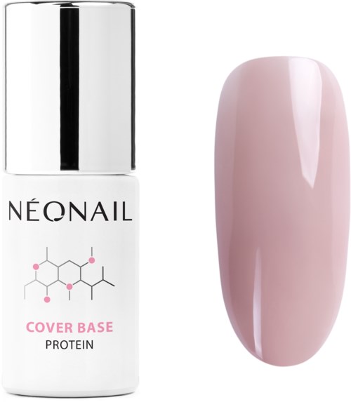 A bottle of NeoNail Cover Base Protein alongside a painted pink nail sample.