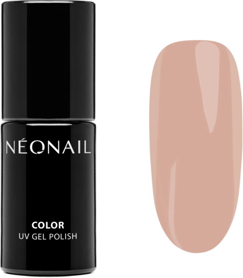 Black nail polish bottle with 'Neonail' logo and a beige nail swatch. Simple design and clear text.