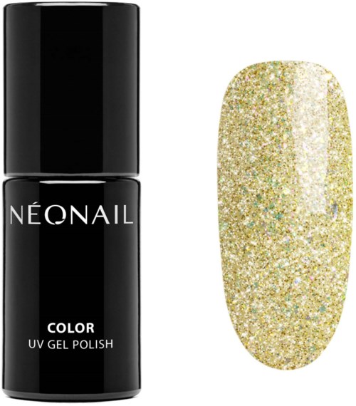 En svart flaska märkt 'NEONAIL' med guldig glitter nagellack på ett nagelklot.