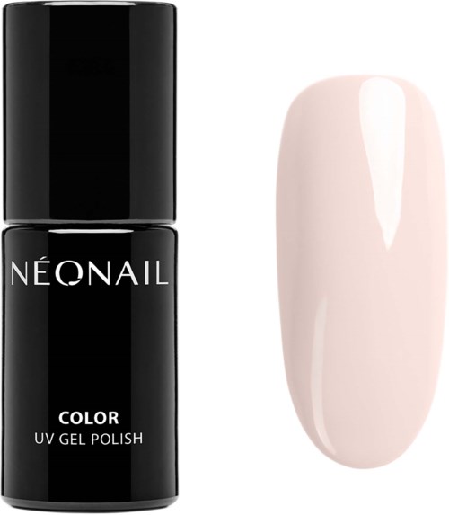 En svart flaska märkt 'NEONAIL COLOR UV GEL POLISH' bredvid en ljusrosa gelnagelprov.