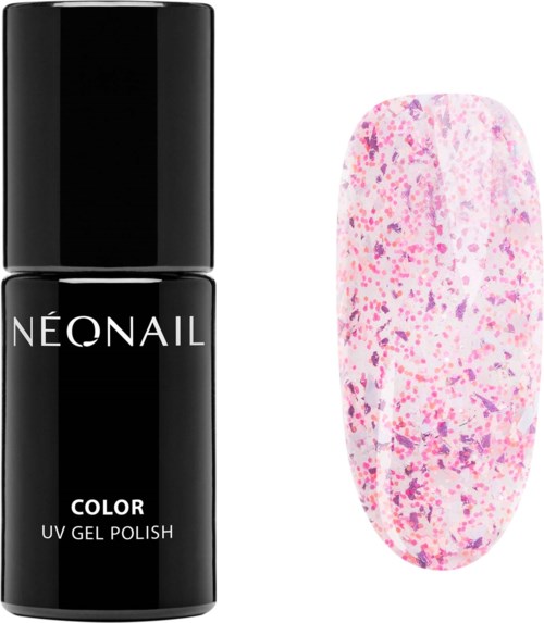 A black nail polish bottle labeled 'NEONAIL COLOR UV GEL POLISH' next to a nail with pink and purple glitter.