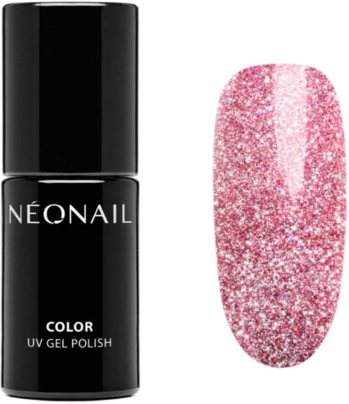 En svart flaska med NEONAIL färg UV-gel-lack och en glitterrosa nagel med glittrar.